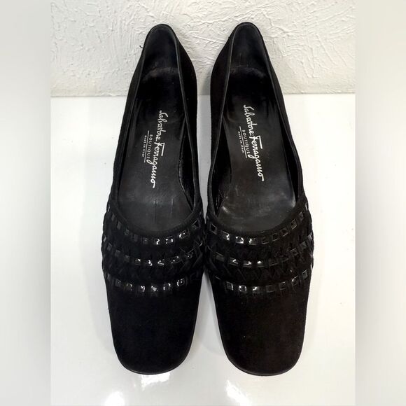 Vintage Salvatore Ferragamo Boutique Black Suede Embossed Square Toe Shoes, 7.5 - Picture 1 of 7
